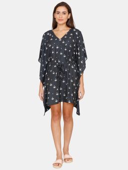 Zivame - Coucou Knee Length Slip on Printed Poncho with waist tie up - Jet Black Print