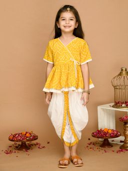 SAKA DESIGNS - Yellow And White Bandhani Cotton Printed Dhoti Peplum For Girls