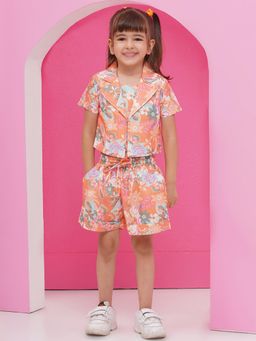 AJ Dezines - Pure Cotton Half Sleeves Floral Print Co-Ords For Girls - Orange (Set of 3)
