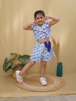 AJ Dezines - Blue Cotton Sleeveless Swan Print Girls Co-Ords For Girls (Set of 2)