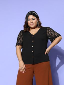 KASSUALLY - CURVE BY KASSUALLY Black V-Neck Half Sleeve Shirt Top