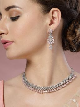 ADIVA - Silver-Plated Pink Stone and American Diamond-Studded Handcrafted Choker Jewelry Set