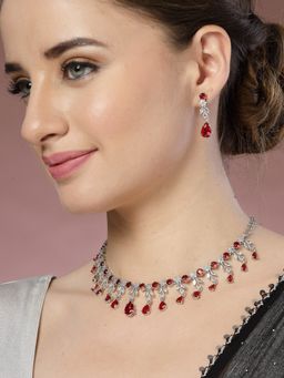 ADIVA - Silver-Plated Red Stone and American Diamond-Studded Handcrafted Jewelry Set