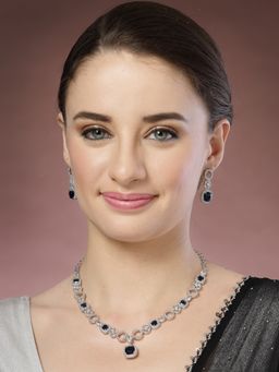 ADIVA - Silver-Plated Navy Blue American Diamond-Studded Handcrafted Choker Necklace Set