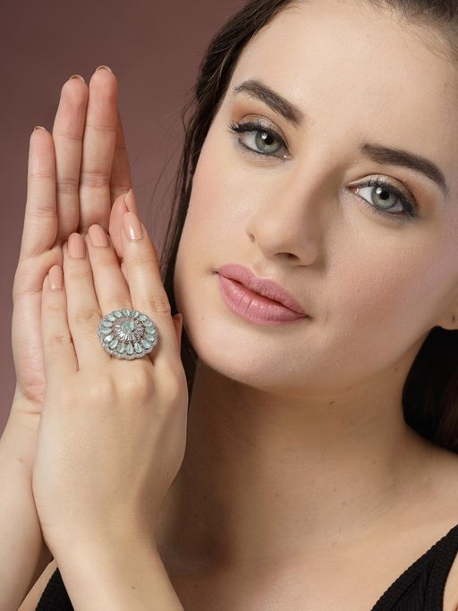 ADIVA Silver-Plated and Sea Green Cz Stone-Studded Adjustable Finger Ring