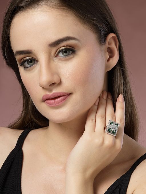 ADIVA Silver-Plated and Green Cz Stone-Studded Adjustable Finger Ring
