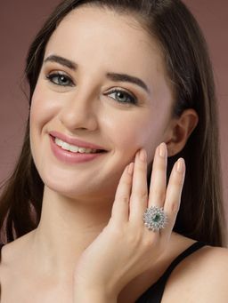 ADIVA - Silver-Plated and Green Ad Stone-Studded Adjustable Finger Ring