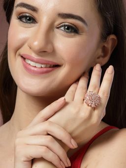 ADIVA - Rose Gold-Plated and Pink Ad Stone-Studded Adjustable Finger Ring