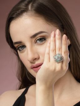 ADIVA - Silver-Plated and Sea Green Cz Stone-Studded Adjustable Finger Ring