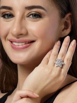 ADIVA - Silver-Plated and Ad Stone-Studded Adjustable Finger Ring