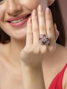 ADIVA - Silver-Plated and Red Ad Stone-Studded Adjustable Finger Ring