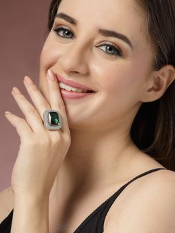 ADIVA - Silver-Plated and Green Ad Stone-Studded Adjustable Finger Ring