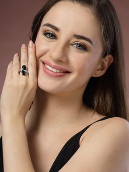 ADIVA - Silver-Plated and Navy Blue Ad Stone-Studded Adjustable Finger Ring