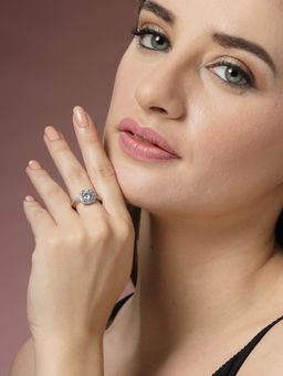 ADIVA - Silver-Plated Ad Stone-Studded Adjustable Finger Ring