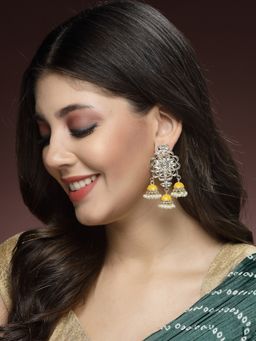 ADIVA - Gold-Plated Kundan Stone and Pearls Yellow Meenakari Classic Jhumka Earrings