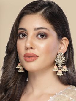 ADIVA - Gold-Plated Kundan Stone and Pearls Peach Meenakari Classic Jhumka Earrings