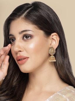 ADIVA - Gold-Plated Hand-Painted Peral and Stone Studded Paisley Shaped Jhumka Earrings