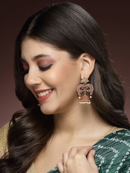 ADIVA - Gold-Plated Red Hand-Painted Kundan Stone and Pearl Peacock Shaped Jhumka Earrings