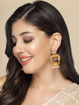 ADIVA - Gold-Plated Mustard Hand-Painted Kundan Stone & Pearl Peacock Shaped Jhumka Earrings