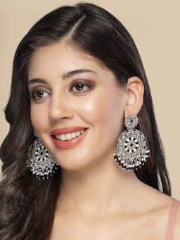 ADIVA - Silver-Plated Kundan Stone and Black Pearl Meenakari Circular Shaped Drop Earrings