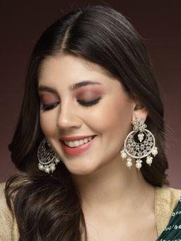 ADIVA - Gold-Plated Kundan Stone and Pearl Crescent Shaped Handcrafted Chandbali Earrings