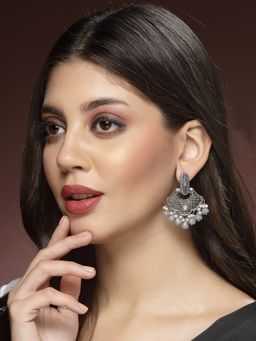 ADIVA - Silver-Plated Grey Pearl and Stone Oxidised Drop Earrings