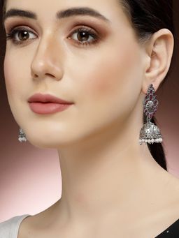 ADIVA - Oxidised Silver-Plated Kundan Stone Dome Shaped Classic Jhumka Earrings