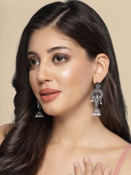 ADIVA - Oxidised Silver-Plated Purple Stone and Pearls Floral Shaped Jhumka Earrings