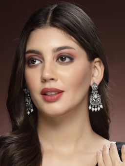 ADIVA - Oxidised Silver-Plated Sea Green Stone and Pearls Peacock Shaped Drop Earrings