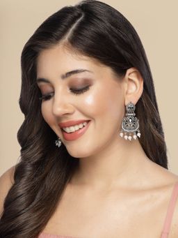 ADIVA - Oxidised Silver-Plated Black Stone and Pearls Peacock Shaped Drop Earrings