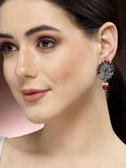 ADIVA - Oxidised Silver-Plated Kundan Stone and Pearl Peacock Shaped Drop Earrings