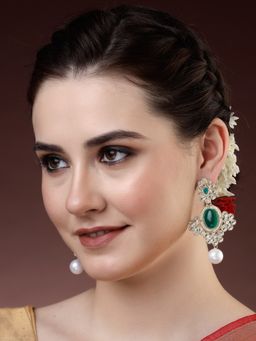 ADIVA - Gold-Plated Green Kundan Stone and Pearl Handcrafted Classic Drop Earrings