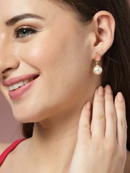 ADIVA - Gold-Plated Pink Stone and Pearl Handcrafted Drop Earrings