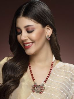 ADIVA - Antique Gold-Plated Red Stone and Pearls Handcrafted Peacock Shape Jewellery Set