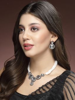 ADIVA - Rhodium-Plated Kunda and Cz Stone-Studded Beaded Handcrafted Jewellery Set
