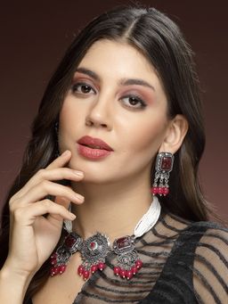 ADIVA - Silverplated Magenta Stone and Pearls Oxidised Jewellery Set