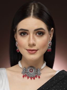 ADIVA - Oxidised Silver-Plated Stone Studded and Beaded Jewellery Set