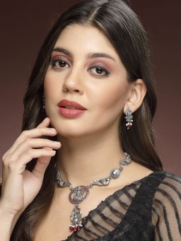 ADIVA - Silver-Plated Red Stone and Pearls Peacock Shape Oxidised Temple Jewellery Set