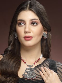 ADIVA - Silver-Plated Red Pearls Oxidised Jewellery Set