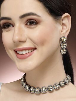 ADIVA - Dual Tone Rhodium-Plated Kundan and Cz Stone Studded Hand-crafted Jewellery Set