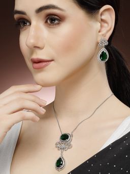 ADIVA - Silver-Plated Green and White Geometric American Diamond-Studded Jewellery Set