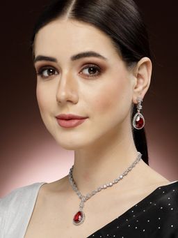 ADIVA - Silver-Plated Red and Ad Stone Studded Handcrafted Jewellery Set