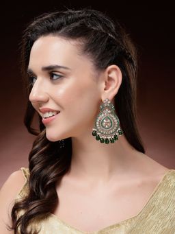 ADIVA - Traditional Gold-Plated Kundan and Pearl Chandbali Earrings with Green Drop Beads
