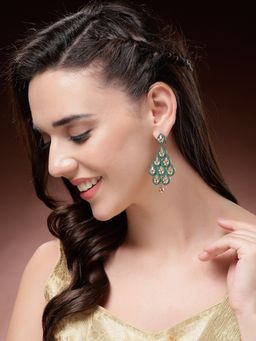 ADIVA - Gold-Plated Green Kundan Leaf-Design Drop Earrings for Women