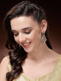 ADIVA - Gold-Plated Multi Kundan Leaf-Design Drop Earrings for Women