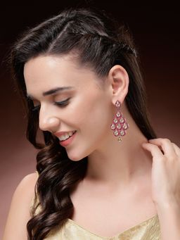 ADIVA - Gold-Plated Pink Kundan Leaf-Design Drop Earrings for Women