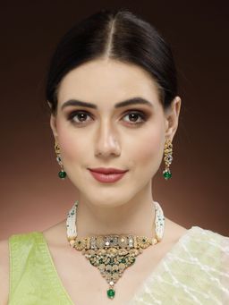 ADIVA - Green Gold-Plated Kundan Stone Studded Pearls and Meenakari Handcrafted Jewellery Set