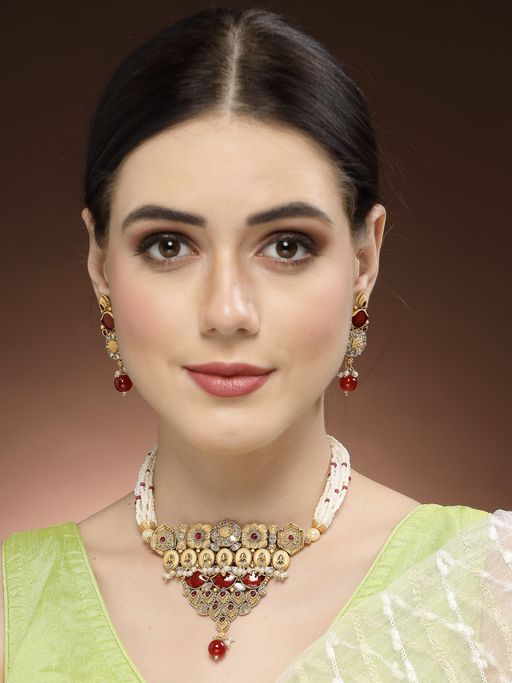 ADIVA Red Gold-Plated Kundan Stone Pearls and Meenakari Handcrafted Jewellery Set