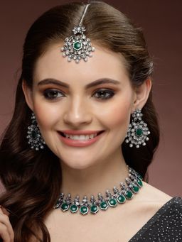 ADIVA - Green Sliver-Plated Kundan Stone-Studded and Pearl Oxidised Jewellery Set
