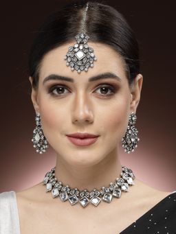 ADIVA - White Silver-Plated Kundan Stone-Studded and Pearl Oxidised Jewellery Set